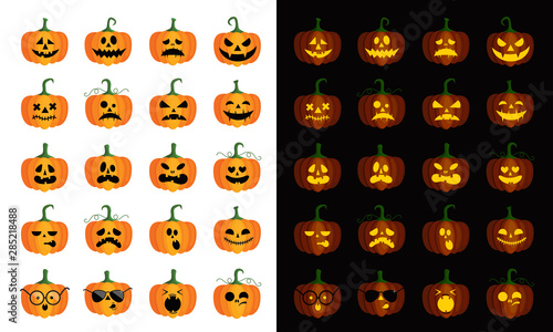 Fototapeta Naklejka Na Ścianę i Meble -  Set of vector pumpkins for Halloween on white and black background. Different faces and emotions.