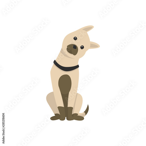 Happy cartoon puppy sitting, Portrait of cute little dog. Dog friend. Vector illustration. Isolated on white background.