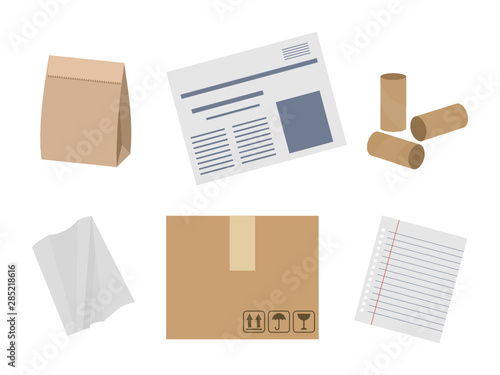 Paper waste suitable for recycling. Food bag, newspapers, cardboard, paper sheet, paper roll. Set of different paper items. Isolated on white background. Vector illustration, flat style. 