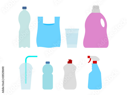 Plastic waste suitable for recycling. Set of different plastic items. Plastic bottle, bag, cup, glass, packaging. Isolated on white background. Vector illustration, flat style.  © Tasha Vector