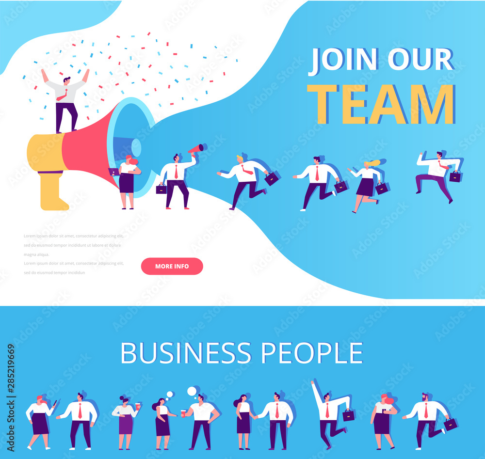 Join our team vector horizontal banners. Group of people shouting on huge megaphone. Business people disscussing. Teamwork. Business men and women running. Flat style illustration for web. Join our team vector horizontal banners. Group of people shouting on huge megaphone. Business people disscussing. Teamwork. Business men and women running. Flat style illustration for web.