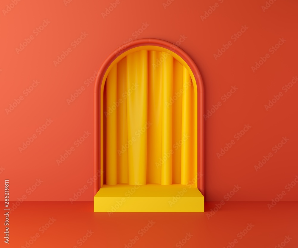 3d rendering geometry shapes mock up scene minimal concept, yellow color podium and orange background for product or perfume 3d rendering geometry shapes mock up scene minimal concept, yellow color podium and orange background for product or perfume