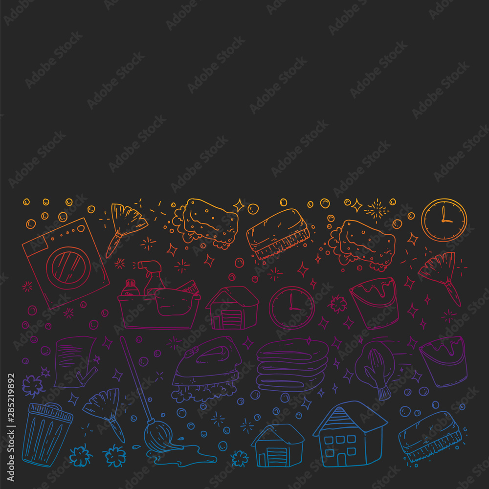 cleaning services company vector monochrome pattern on black background, drawing gradient.