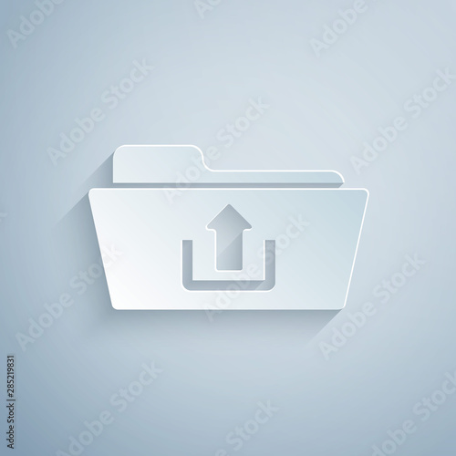 Paper cut Folder upload icon isolated on grey background. Paper art style. Vector Illustration