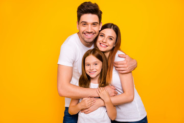 Photo of daddy mommy and little foxy lady having best time wear casual outfit isolated yellow background