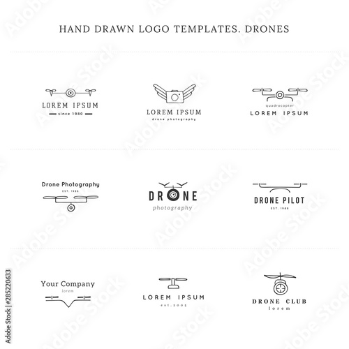 Set of hand drawn vector logo templates. Camera drones. Aerial photography.