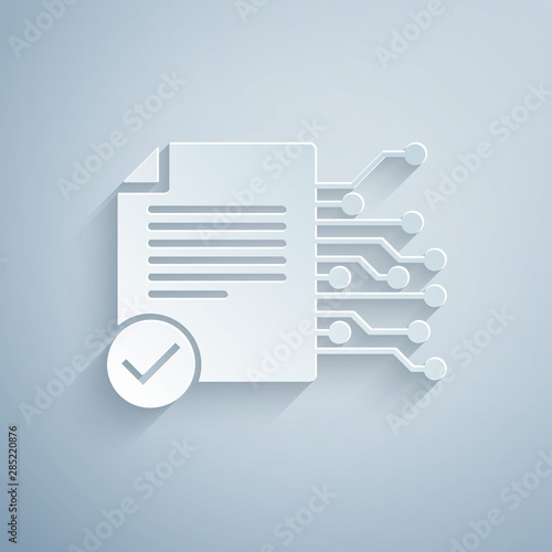 Paper cut Smart contract icon isolated on grey background. Blockchain technology, cryptocurrency mining, bitcoin, altcoins, digital money market. Paper art style. Vector Illustration