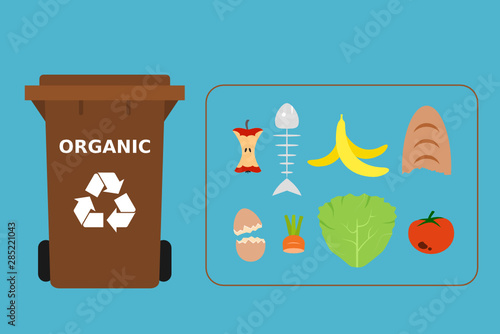 Brown trash can with organic waste suitable for recycling. Recycling organic waste, compost, segregate waste, sorting garbage, eco friendly, concept. Blue background. Vector illustration, flat style.