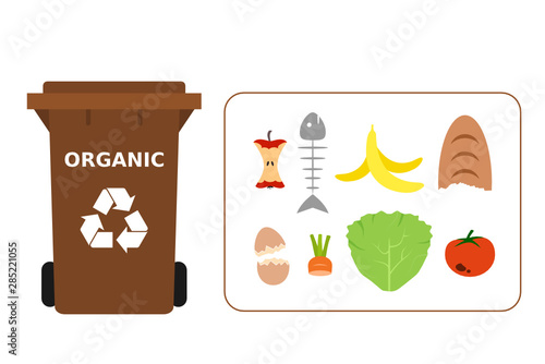 Brown trash can with organic waste suitable for recycling. Recycling organic waste, compost, segregate waste, sorting garbage, eco friendly, concept. White background. Vector illustration, flat style.