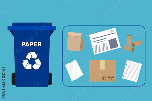 Blue trash can with paper waste suitable for recycling. Paper recycle, segregate waste, sorting garbage, eco friendly, concept. Blue background. Vector illustration, flat style.
