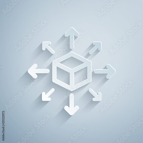 Paper cut Distribution icon isolated on grey background. Content distribution concept. Paper art style. Vector Illustration