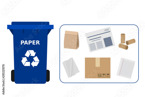 Blue trash can with paper waste suitable for recycling. Paper recycle, segregate waste, sorting garbage, eco friendly, concept. White background. Vector illustration, flat style.