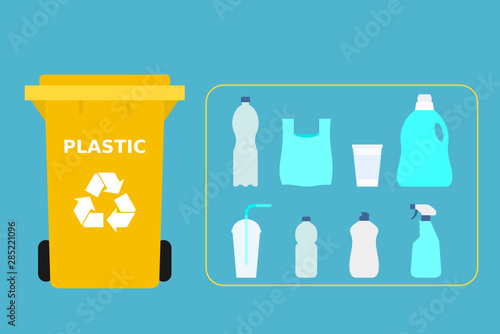 Yellow trash can with plastic waste suitable for recycling. Plastic recycle, segregate waste, sorting garbage, eco friendly, concept. Blue background. Vector illustration, flat style.