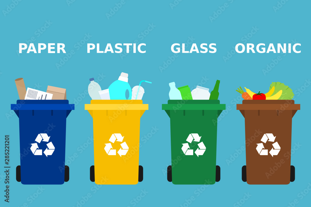Vetor de Different colored trash cans with paper, plastic, glass and ...