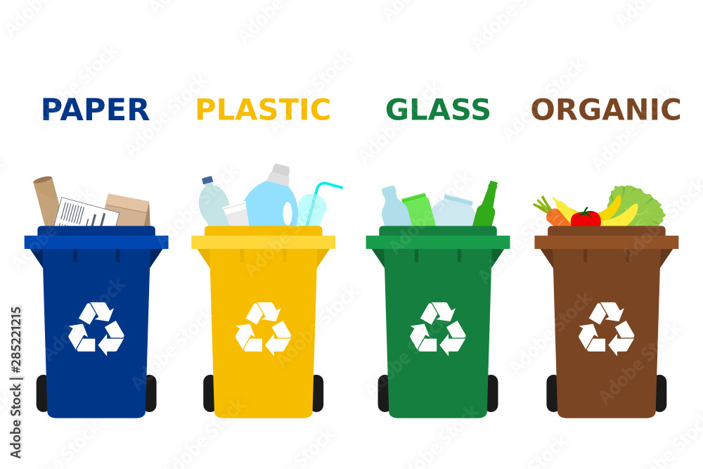 Different colored trash cans with paper, plastic, glass and organic