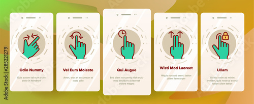 Color Swipe Gesture Touches Vector Onboarding Mobile App Page Screen. Touchscreen Swipe Gesturing. Drag Finger In Various Directions Pictograms Collection. Using Sensory Devices Illustration