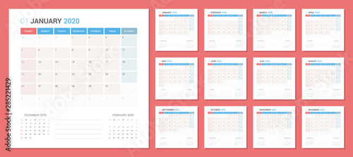 Calendar 2020 Planner Design. Week starts Sunday. Square shape simple style.