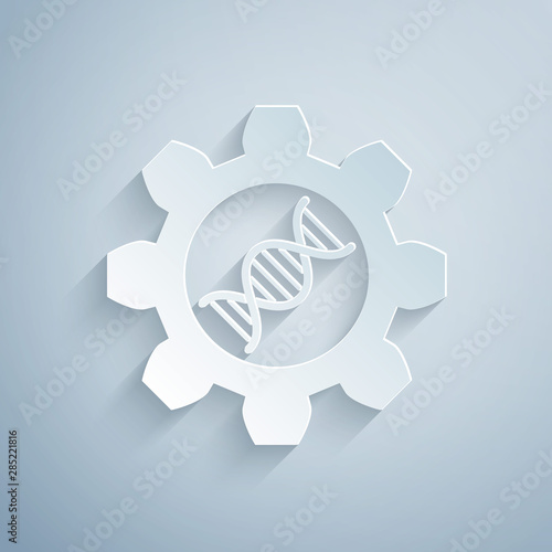 Paper cut Genetic engineering icon isolated on grey background. DNA analysis, genetics testing, cloning, paternity testing. Paper art style. Vector Illustration