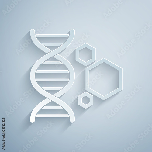 Paper cut Genetic engineering icon isolated on grey background. DNA analysis, genetics testing, cloning, paternity testing. Paper art style. Vector Illustration