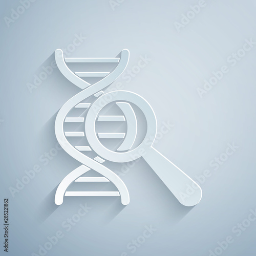 Paper cut DNA research, search icon isolated on grey background. Magnifying glass and dna chain. Genetic engineering, cloning, paternity testing. Paper art style. Vector Illustration
