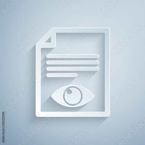 Paper cut Paper page with eye symbol icon isolated on grey background. Open information file sign. Paper art style. Vector Illustration