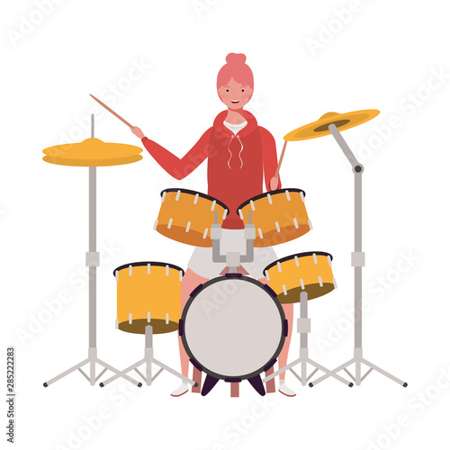 young woman with drum kit on white background