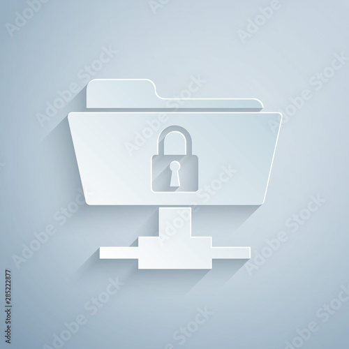 Paper cut FTP folder and lock icon isolated on grey background. Concept of software update, ftp transfer protocol. Security, safety, protection concept. Paper art style. Vector Illustration