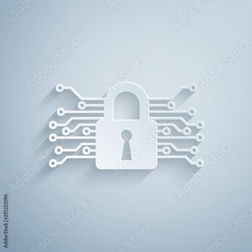 Paper cut Cyber security icon isolated on grey background. Closed padlock on digital circuit board. Safety concept. Digital data protection. Paper art style. Vector Illustration