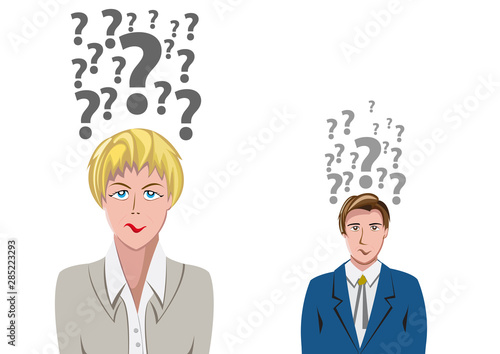 Vector Human Doubt, question mark in the head. Man and woman asking questions.
