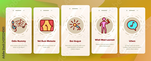 Color Different Singing Icons Set Vector Onboarding Mobile App Page Screen. Singing And Listening Song And Music In Karaoke, Concert, Tape-recorder Or Audiophone. Illustrations