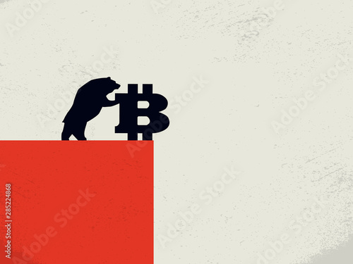 Bitcoin bearish market vector concept with bear pushing bitcoin off a cliff. Symbol of downturn, selling blockchain cryptocurrency and virtual exchange.