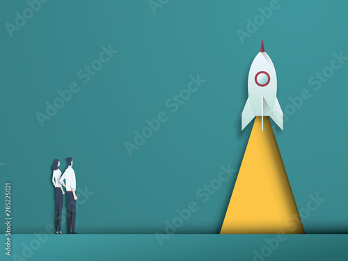 Business startup vector concept with team looking at rocket launching. Symbol of innovation, new technology, investment, venture business.