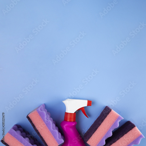 Top view spray bottle and sponges photo