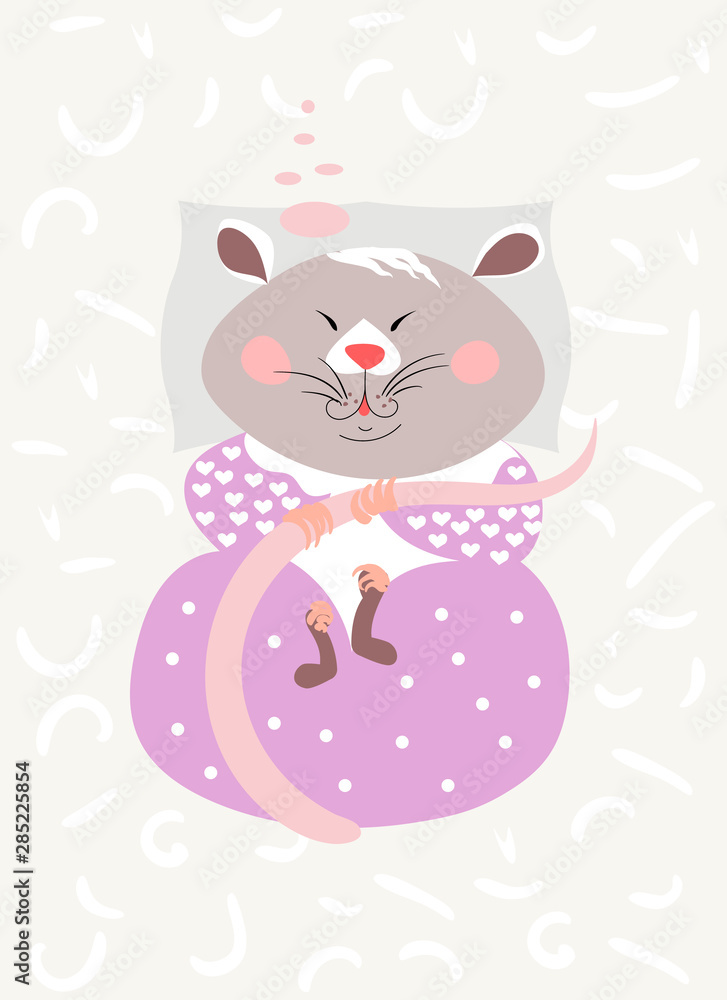 Wild forest animals. A cute little gray mouse in a lilac dress is sleeping sweetly. Scandinavian style of baby design. Illustration, poster, postcard.