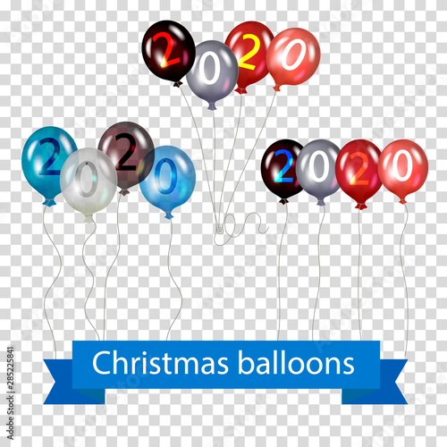 Set of bundles of vector balloons with ribbon. 2020 on balloons. Attributes for the holiday. On a transparent background.