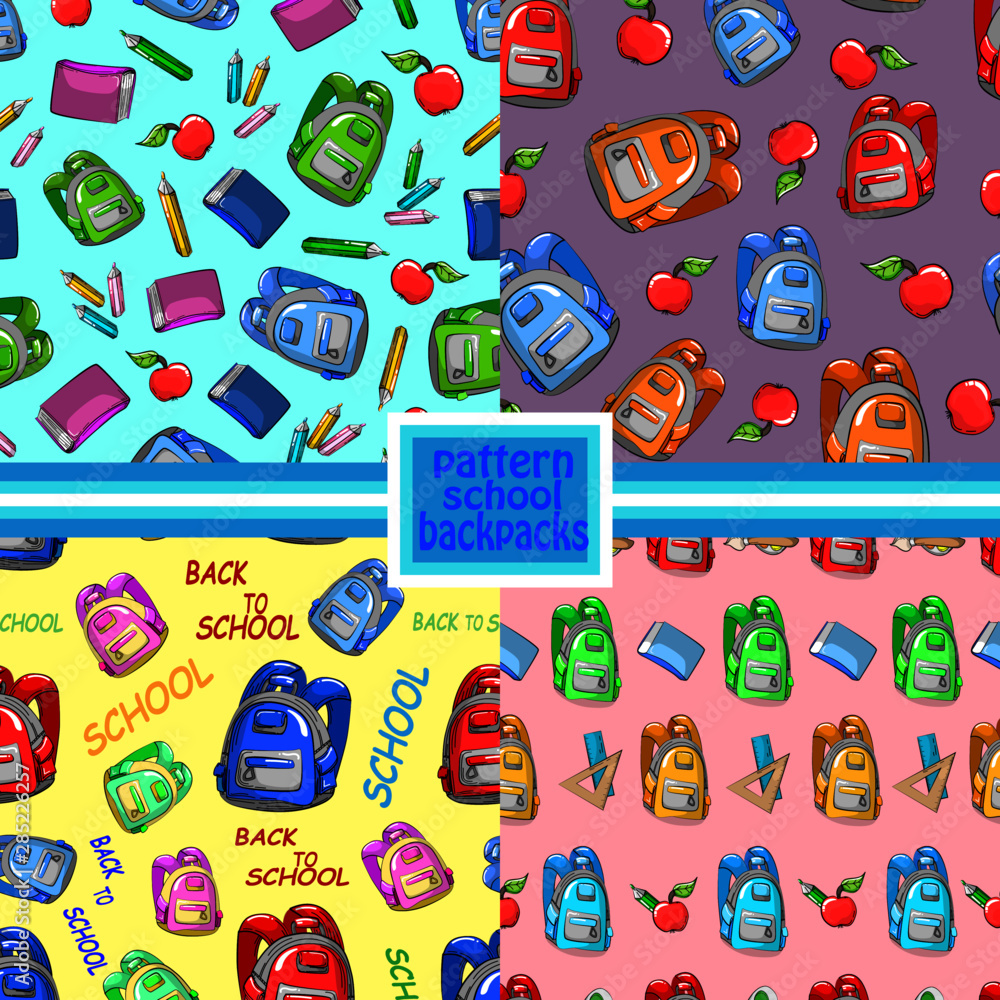 set of patterns seamless school training backpacks colored background flatware illustration vector student kid wallpaper set of patterns seamless school training backpacks colored background flatware illustration vector student kid wallpaper
