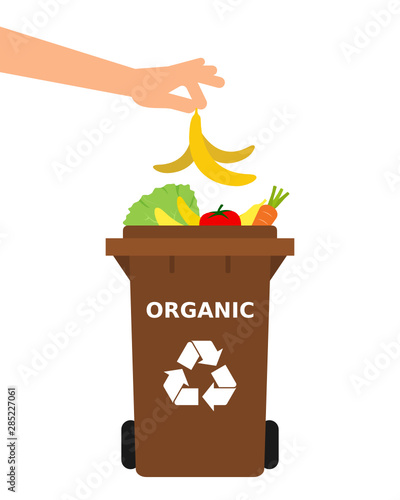 Hand throwing a banana peel into a recycle bin. Recycling organic waste, compost, segregate waste, sorting garbage, eco friendly, concept. White background. Vector illustration, flat style.