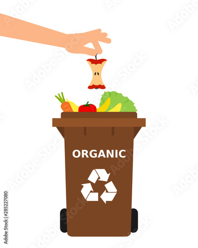 Hand throwing an eaten apple into a recycle bin. Recycling organic waste, compost, segregate waste, sorting garbage, eco friendly, concept. White background. Vector illustration, flat style.
