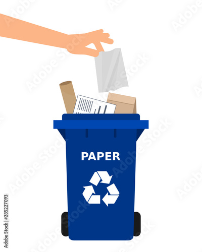 Hand throwing a paper into a recycle bin. Paper recycling, segregate waste, sorting garbage, eco friendly, concept. White background. Vector illustration, flat style.