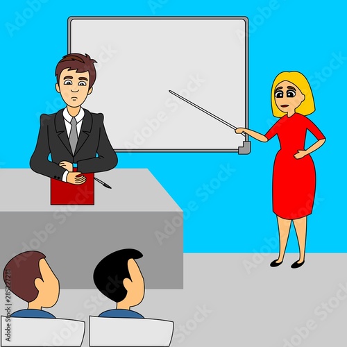 The teacher sits at his desk. Schoolgirl answers on the board. School lecture hall interior. Flat vector illustration of full colors.