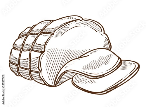 Ham or sausage in rope net, meat food isolated sketch