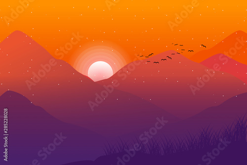Sunset landscape with mountain and sky illustration