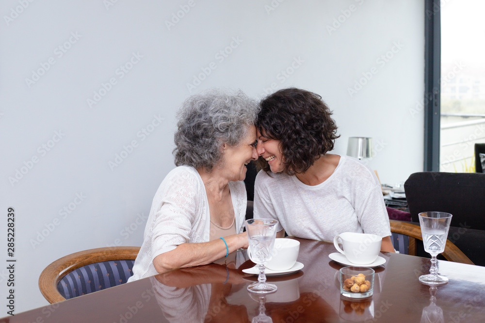 Happy mother with adult daughter laughing together. Cheerful senior mother and middle aged daughter sitting together at table with cups and glasses. Togetherness concept Happy mother with adult daughter laughing together. Cheerful senior mother and middle aged daughter sitting together at table with cups and glasses. Togetherness concept