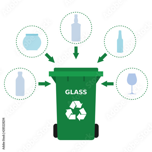 Green trash can and glass waste suitable for recycling. Glass recycle, segregate waste, sorting garbage, eco friendly, concept. White background. Vector illustration, flat style.