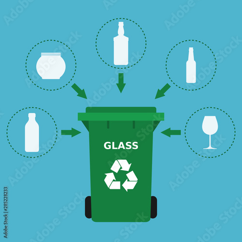 Green trash can and glass waste suitable for recycling. Glass recycle, segregate waste, sorting garbage, eco friendly, concept. Blue background. Vector illustration, flat style.