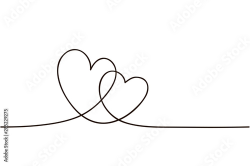 Continuous line art drawing. Couple of hearts symbolize love. Abstract hearts woman and man. Vector illustration
