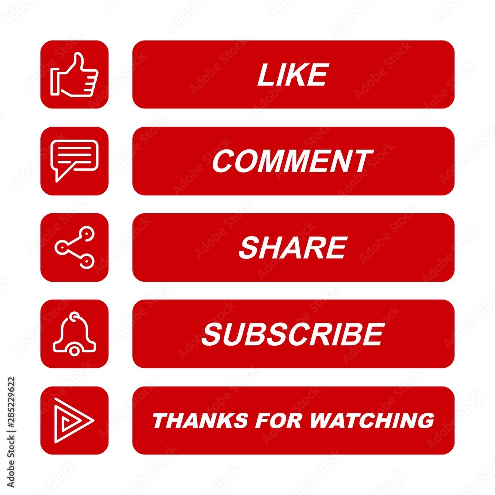 Like, comment, share, subscribe, and thanks for watching icon button illustration. Like, comment, share, subscribe, and thanks for watching icon button illustration.