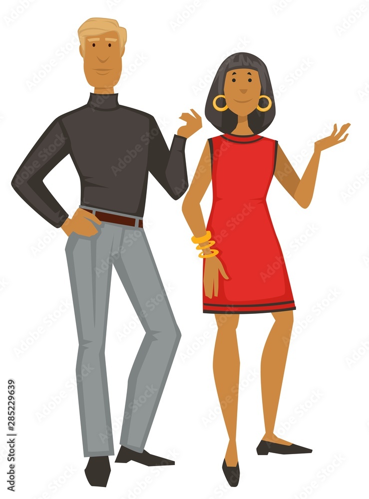Man and woman in vintage 1960s clothes isolated characters