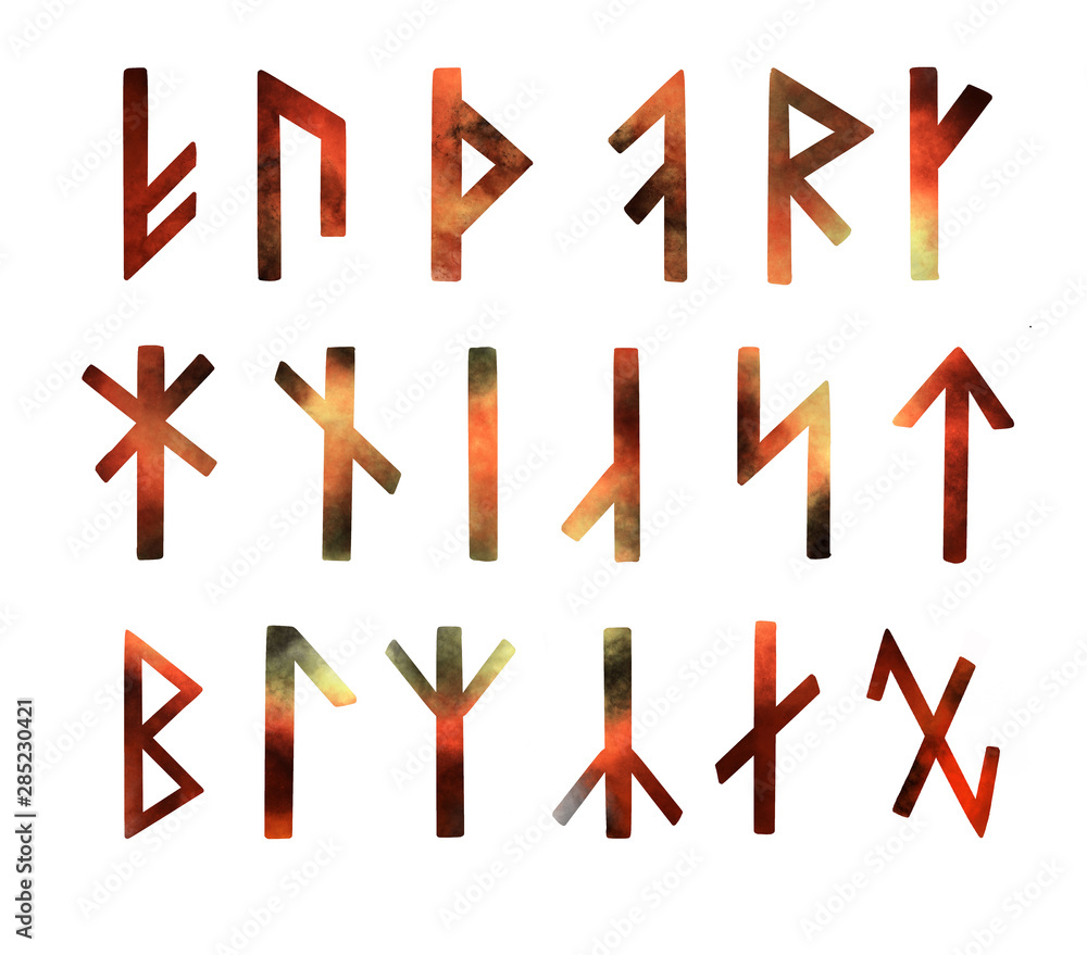 Armanic futhark runic font. 18 runes. ABC hand drawn letters. Ancient futhark. Black red and yellow symbols are isolated on white background. Armanic futhark runic font. 18 runes. ABC hand drawn letters. Ancient futhark. Black red and yellow symbols are isolated on white background.