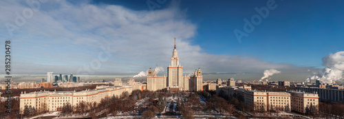 Panoramic top view of the building of Moscow State University in the winter sunny day. Moscow, Russia